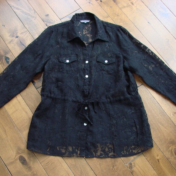 Addition Elle Black Lace Tunic Blouse Button Front Tie Waist Open Lace Size 16 - Picture 1 of 9